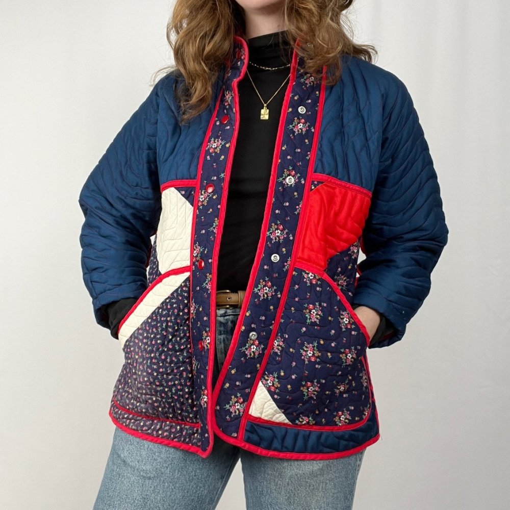 Vintage 60s 70s Quilted Floral Light Jacket Oversized Cottagecore Grandmacore - Picture 1 of 9